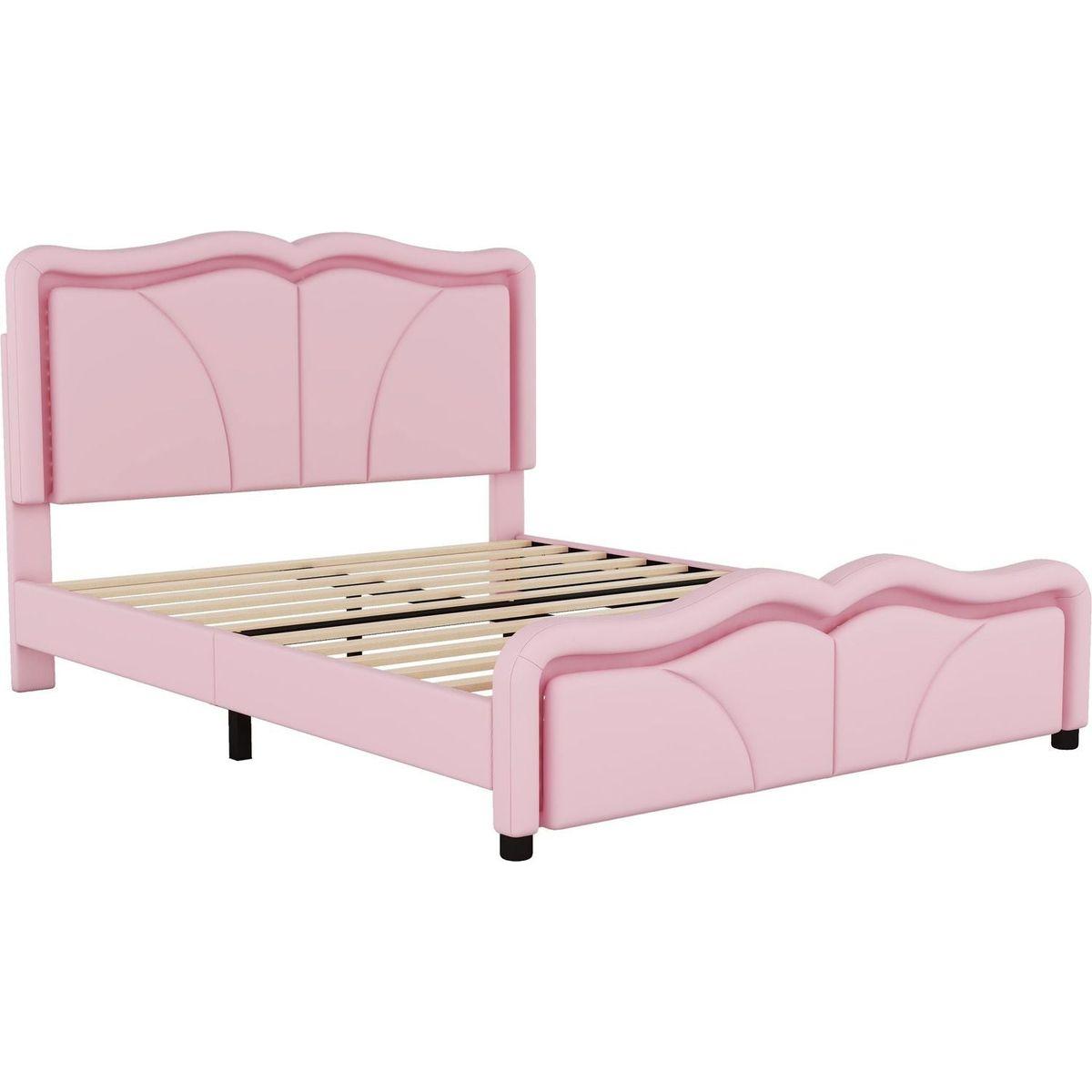 Full Size Upholstered Platform Bed with Curve Shaped and Height-adjustbale Headboard,LED Light Strips,Pink