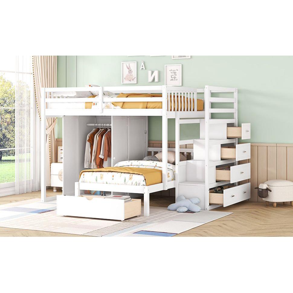 Full Over Twin Bunk Bed with Wardrobe, Drawers, White
