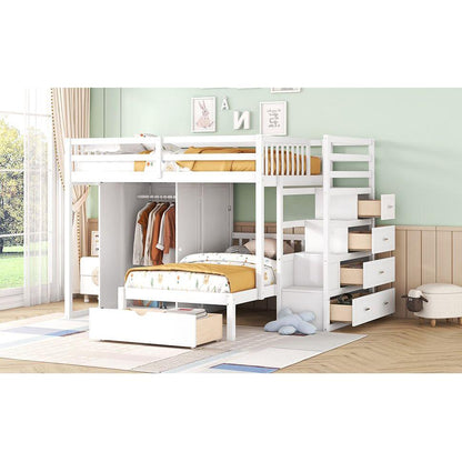 Full Over Twin Bunk Bed with Wardrobe, Drawers, White