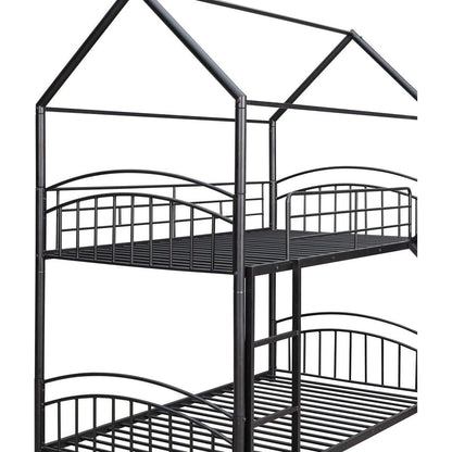 Twin Over Twin Metal Bunk Bed With Slide,Kids House Bed Black