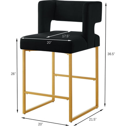 Modern Fashion Counter Height Bar Stools with Unique Square Open Backrest, Set of 2 Versatile Bar Chairs with Sturdy Iron Legs, 26" H Counter Height Chairs for kitchen islands, Black/Gold