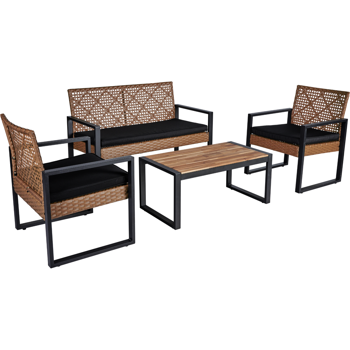 4-Piece Patio Furniture Set Outdoor Balcony Porch Garden Backyard Lawn Furniture Acacia Wood Table Top, Morden Black and Light Brown