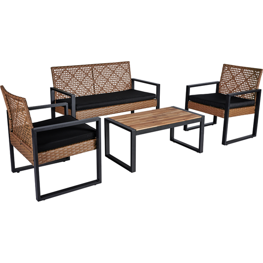 4-Piece Patio Furniture Set Outdoor Balcony Porch Garden Backyard Lawn Furniture Acacia Wood Table Top, Morden Black and Light Brown
