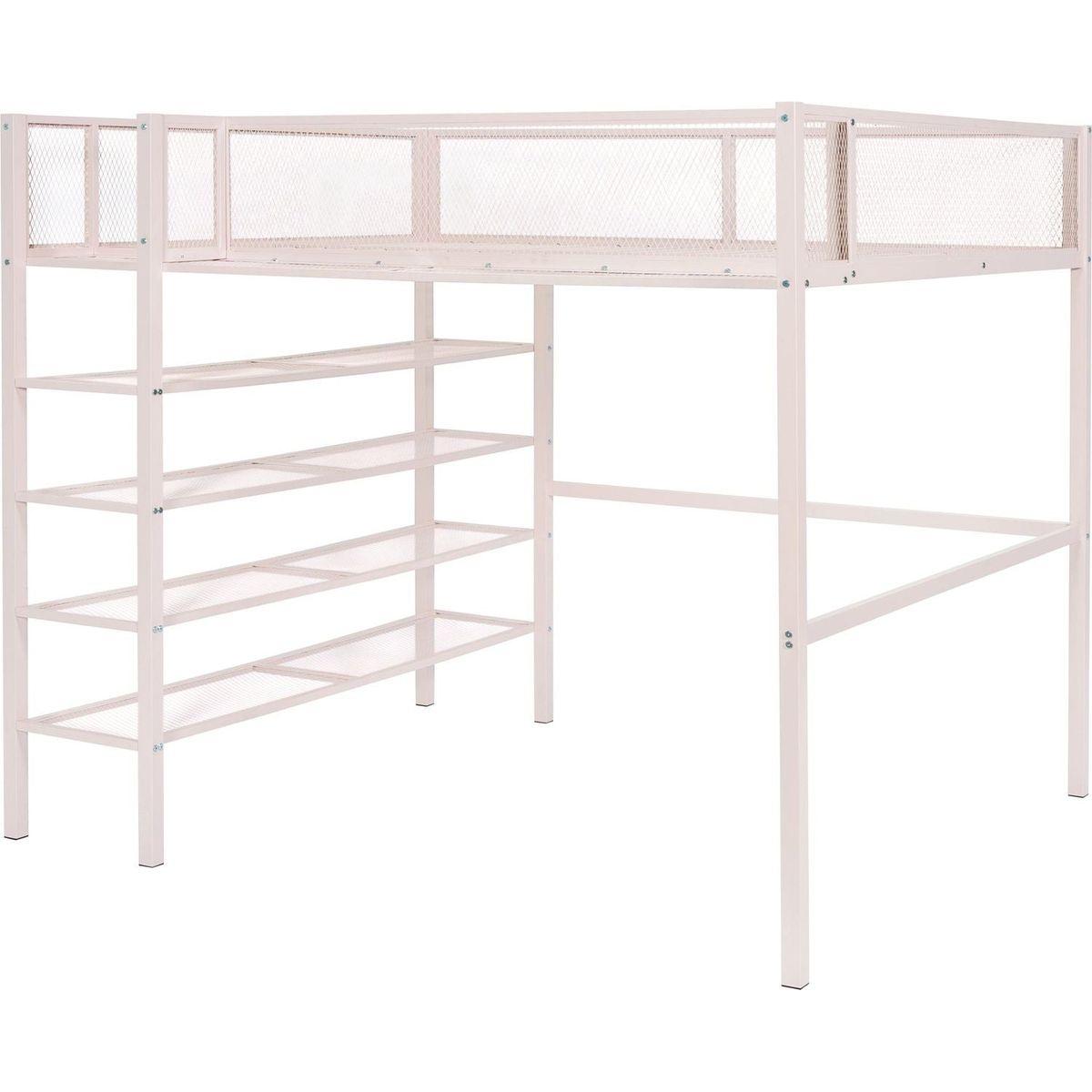 Full Size Metal Loft Bed with 4-Tier Shelves and Storage, Pink