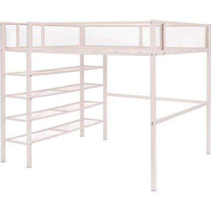 Full Size Metal Loft Bed with 4-Tier Shelves and Storage, Pink