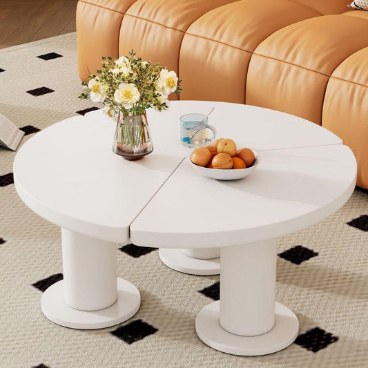 39.4" Easy Assembly Round Petal-Shaped Coffee Table, Cream Style Center Table with 3 Thick Legs, Minimalist Irregular End Table with Sleek Round Edges for Living Room, White