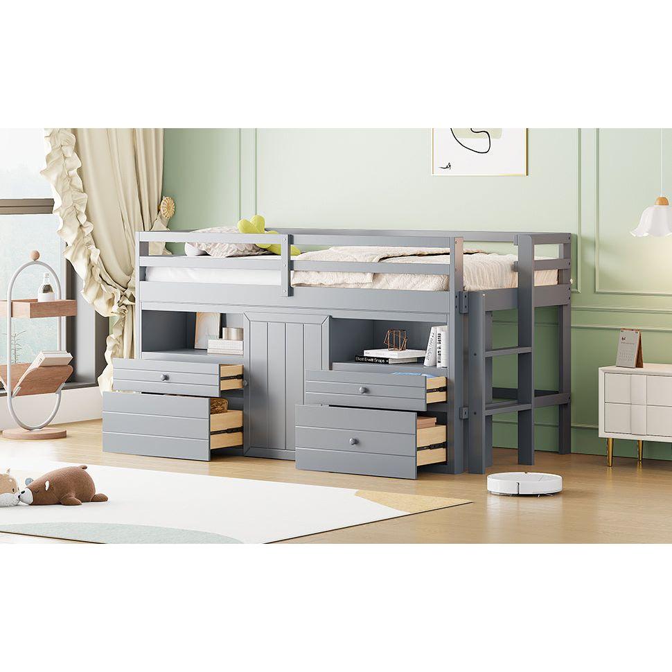 Twin Size Loft Bed with 4 Drawers, Underneath Cabinet and Shelves, Gray