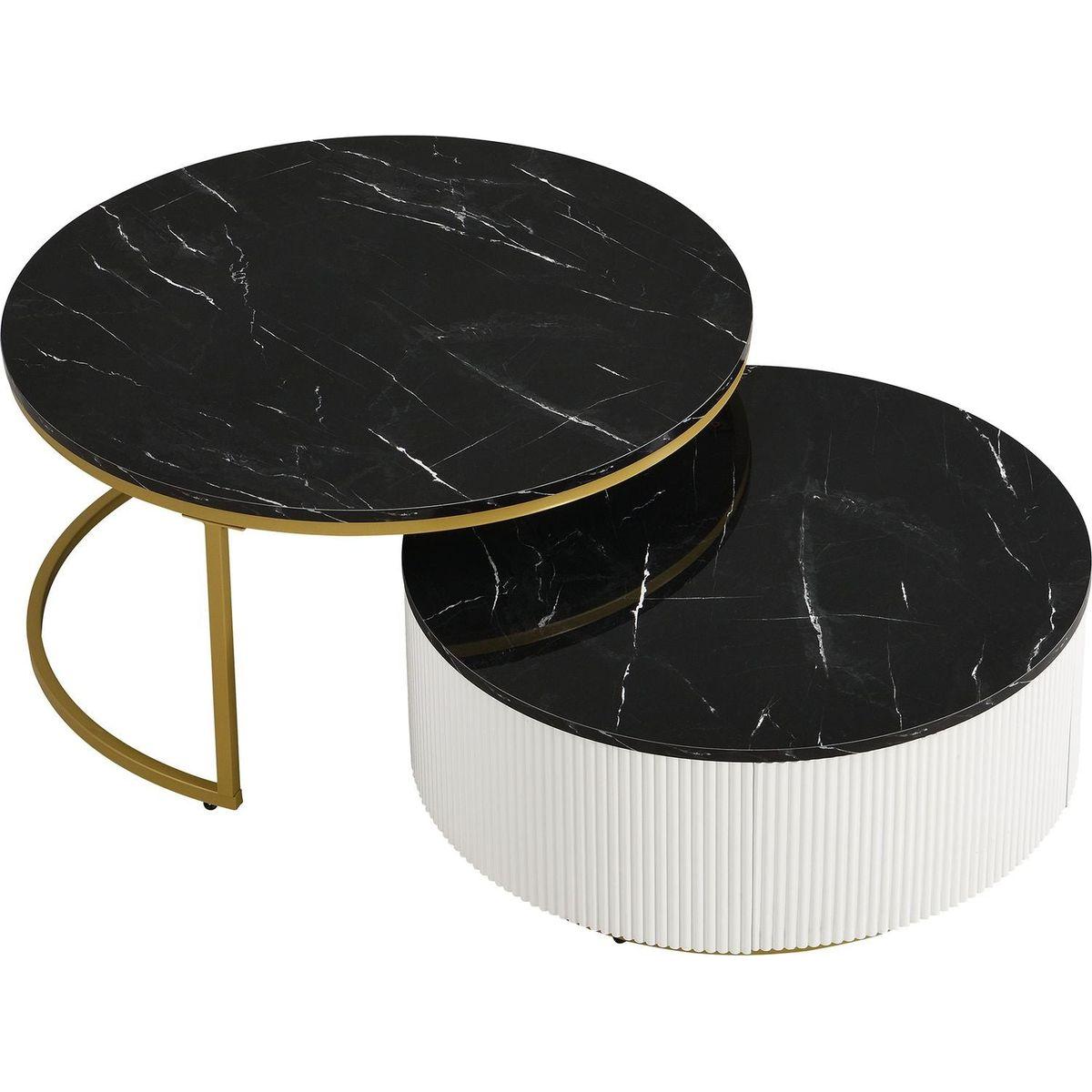 Modern Round Nesting Coffee Table Fluted with Drawer in Black & Gold in 31.5"
