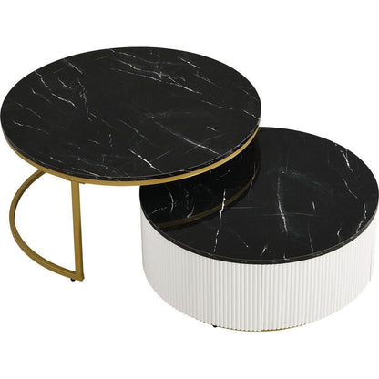 Modern Round Nesting Coffee Table Fluted with Drawer in Black & Gold in 31.5"