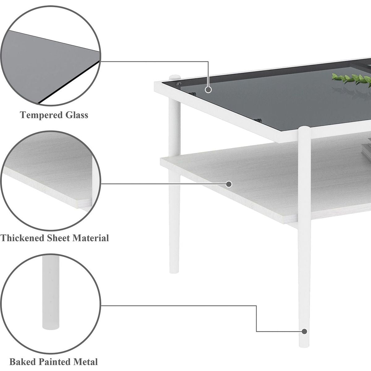 Rectangle Coffee Table with Gray Tempered Glass top and White Legs, Modern Table for Living Room - Streamdale Furniture