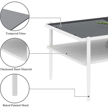 Rectangle Coffee Table with Gray Tempered Glass top and White Legs, Modern Table for Living Room - Streamdale Furniture
