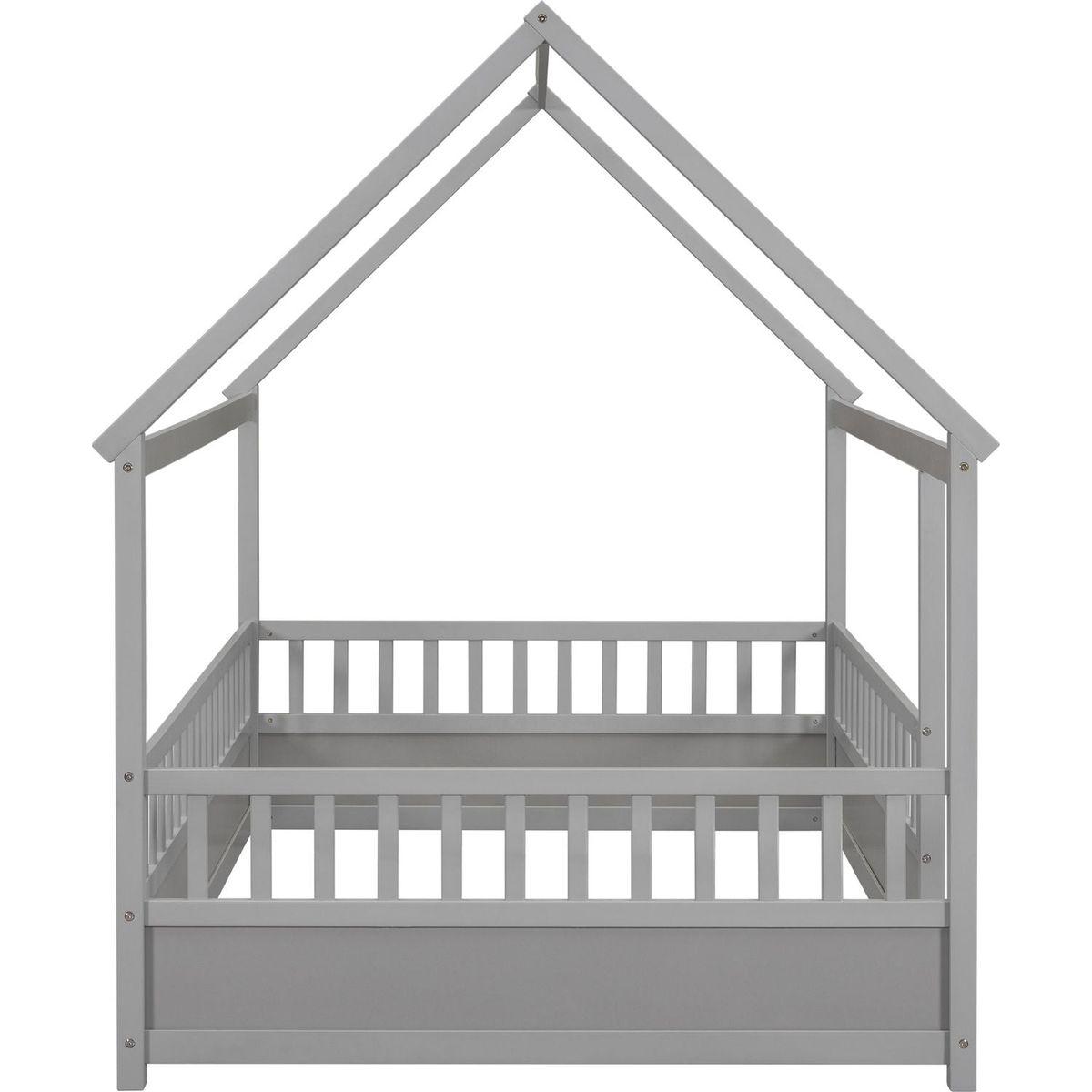 Full Size Floor Wooden Bed with House Roof Frame, Fence Guardrails,Grey
