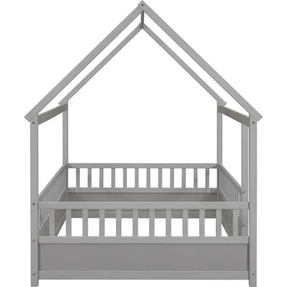 Full Size Floor Wooden Bed with House Roof Frame, Fence Guardrails,Grey