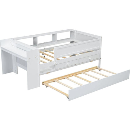 Multi-Functional Twin Daybed with Drawers and Trundle, Headboard Storage and Tables, USB Charging Station, White