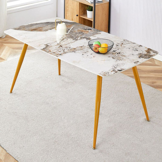 Modern minimalist dining table. White imitation marble pattern SINTERED STONE desktop with golden metal legs.62.2"x34.6"x30" F-001