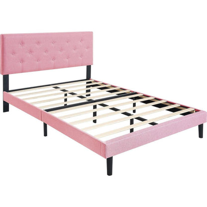 Queen Size Upholstered Platform Bed Frame with Modern Button Tufted Linen Fabric Headboard, No Box Spring Needed, Wood Slat Support, Easy Assembly, pink