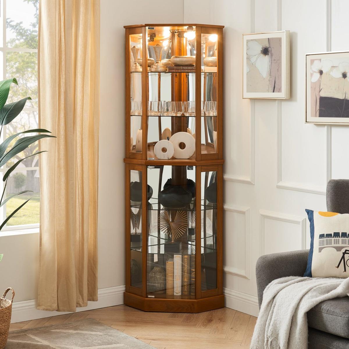 6 Shelf Corner Curio Display Cabinet with Lights, Mirrors and Adjustable Shelves, Oak