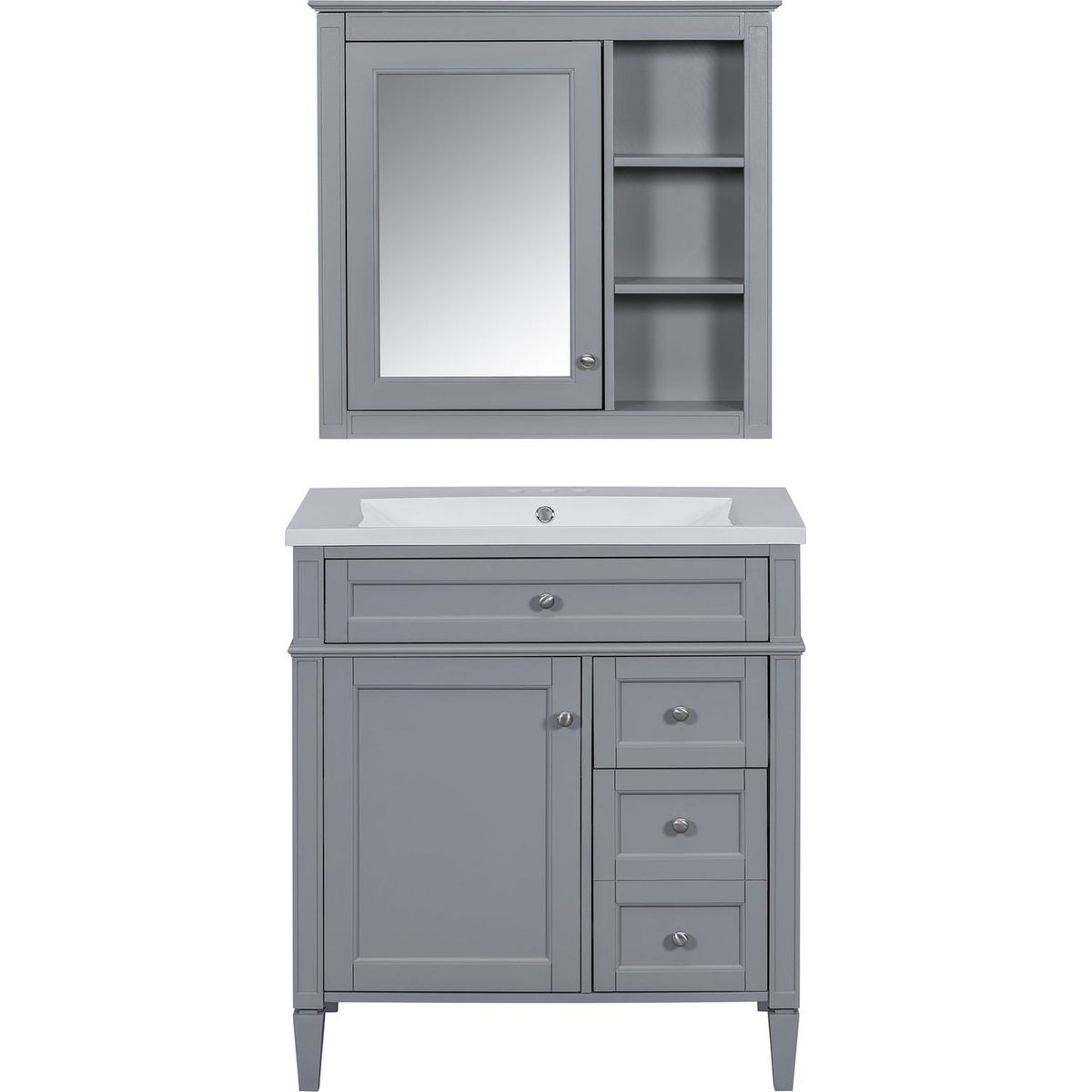 30" Bathroom Vanity with Top Sink, Modern Bathroom Storage Cabinet with 2 Drawers and a Tip-out Drawer, Freestanding Vanity Set with Mirror Cabinet, Single Sink Bathroom Vanity