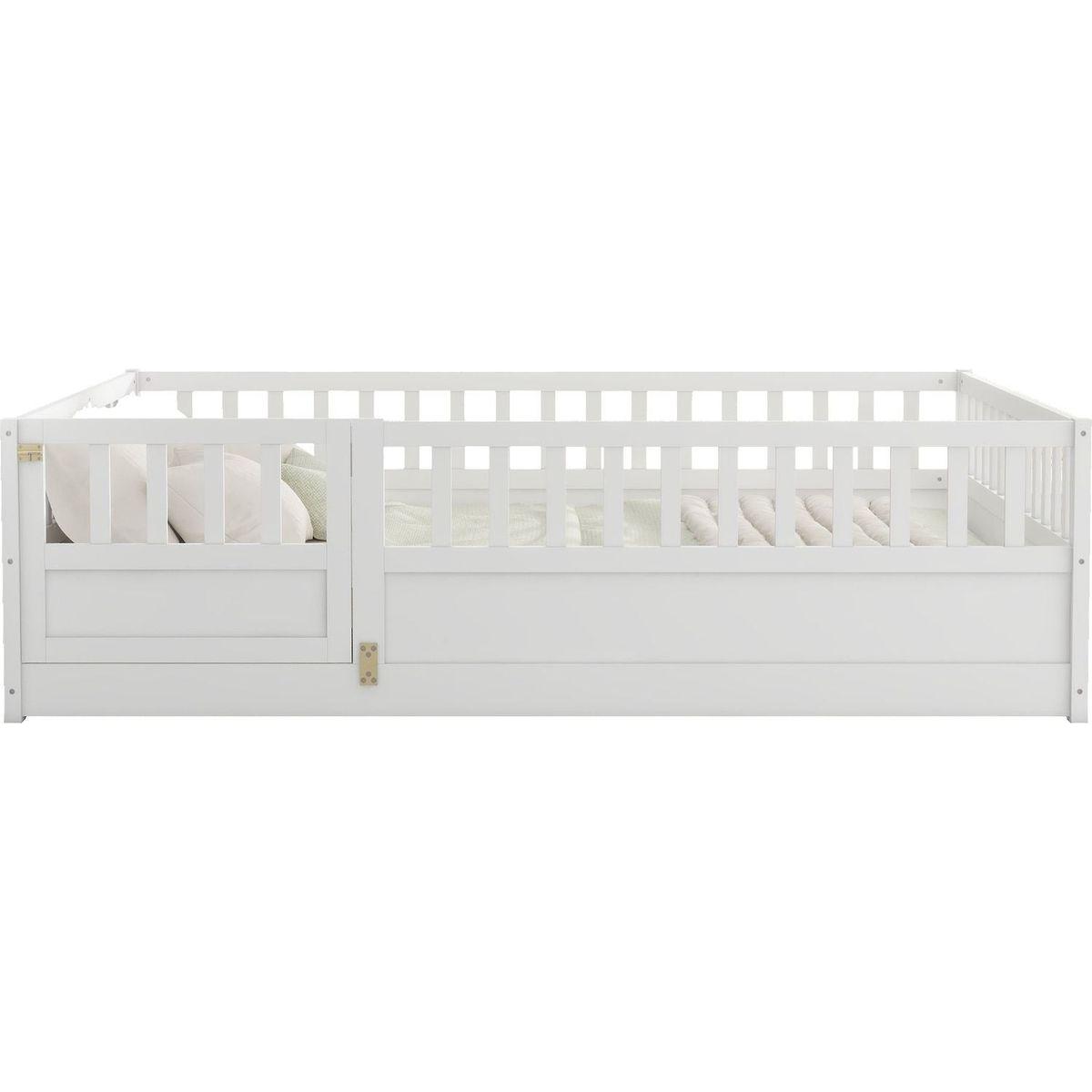 Full size Floor bed, integral construction with super high security barrier, door, children's floor bed frame, Montessori wooden children's floor bed, Support slat white - Streamdale Furniture