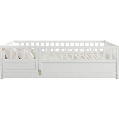 Full size Floor bed, integral construction with super high security barrier, door, children's floor bed frame, Montessori wooden children's floor bed, Support slat white - Streamdale Furniture