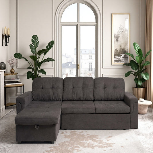 Upholstered Sleeper Sofa, L Shaped Sectional Couch with Reversible Storage, Convertible Corner Lounge Couches w/Pull Out Sofa bed for Living Room, Apartment,