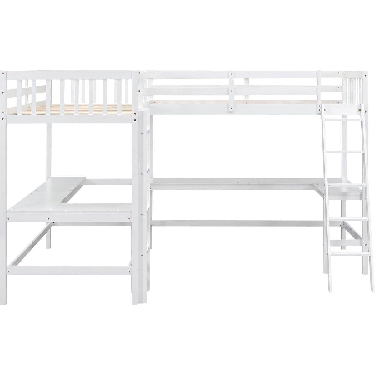 Wood Twin Size L-Shaped Loft Bed with Ladder and 2 Built-in L-Shaped Desks, White