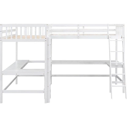 Wood Twin Size L-Shaped Loft Bed with Ladder and 2 Built-in L-Shaped Desks, White