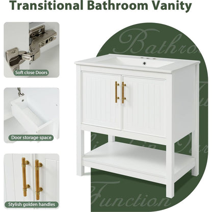 30-Inch White Bathroom Vanity with Ceramic Sink and Versatile Storage - Ideal for Small Bathrooms