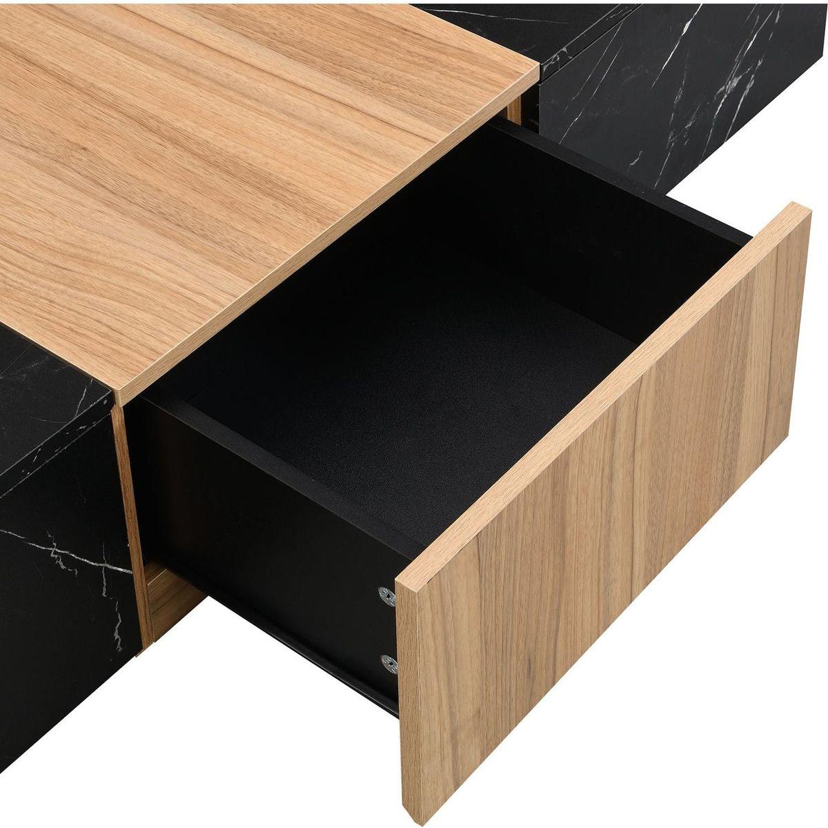 TV Stand with Faux Marble and Walnut Wood Grain Finish for TVs up to 88", Modern Free-Combination Entertainment Center with 4 Storage Drawers for Living Room, Black