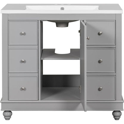 Contemporary Gray Bathroom Vanity Cabinet - 36x18x34 inches, 4 Drawers & 1 Cabinet Door, Multipurpose Storage, Resin Integrated Sink, Adjustable Shelves, Solid Wood Frame with MDF