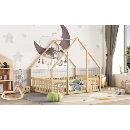 Full Wood House-Shaped Floor Bed with Fence, Guardrails,Natural