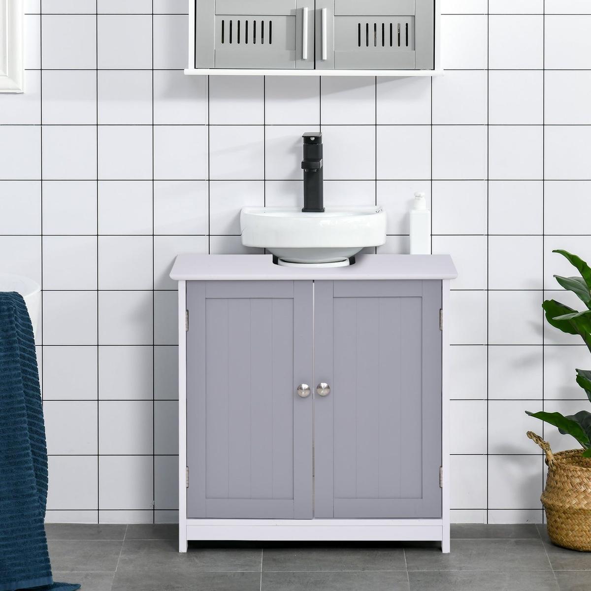 kleankin Pedestal Sink Storage Cabinet, Vanity Base Cabinet, Under Sink Bathroom Cabinet with U-shape Cut-Out and Adjustable Internal Shelf, White and Gray