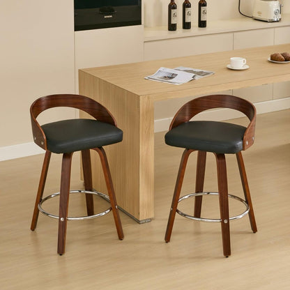 Bar Stools Set of 2, Swivel Bar Height Stools with Low Back, Wood Bar Chairs with Soft Cushion Seat, 25-Inch Seat Height (Black, 25" Counter Height) - Streamdale Furniture