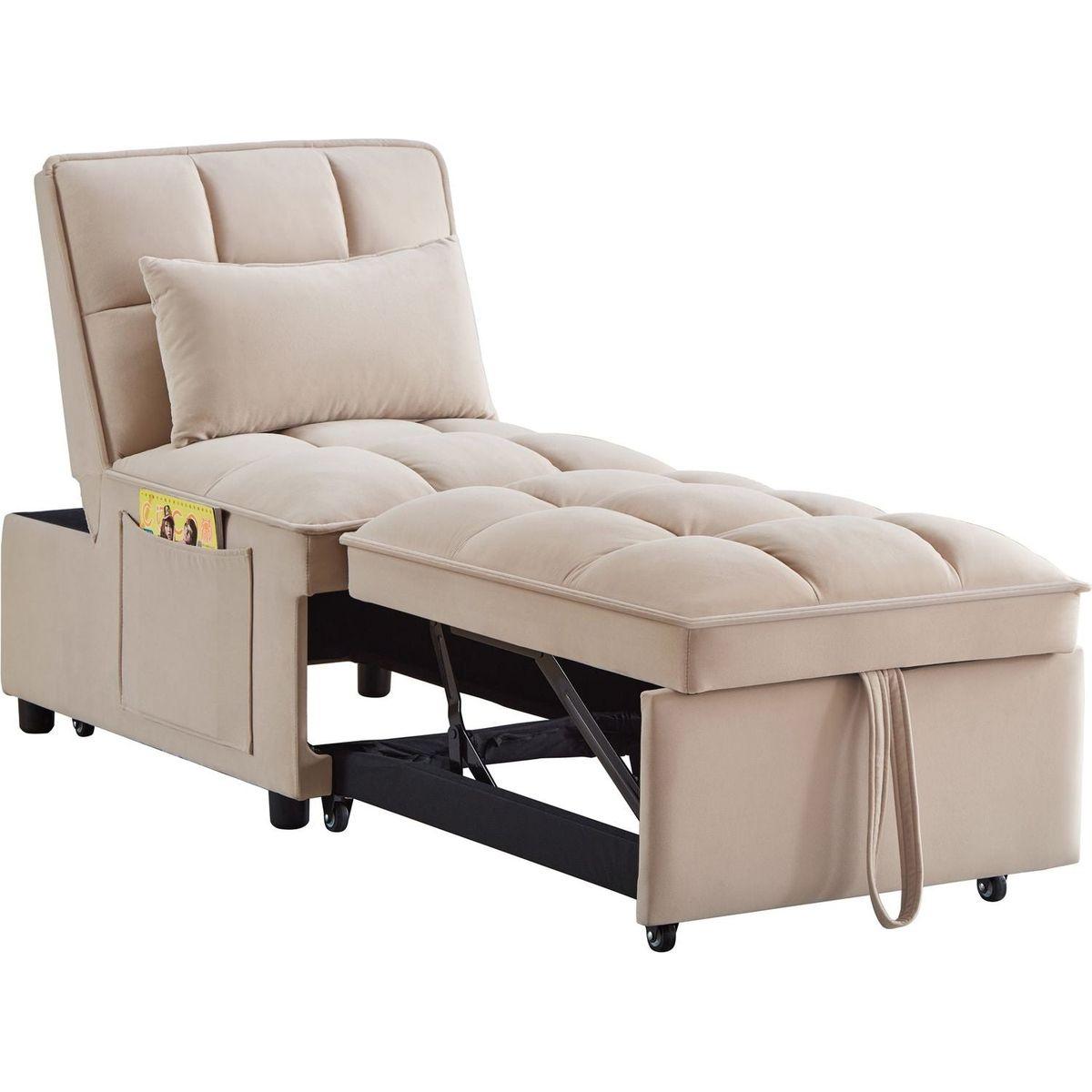 4 in1 Multi-Function Single Sofa Bed with Storage Pockets,Tufted Single Pull-out Sofa Bed with Adjustable Backrest and Pillows, Convertible Chaise Lounge,Taupe
