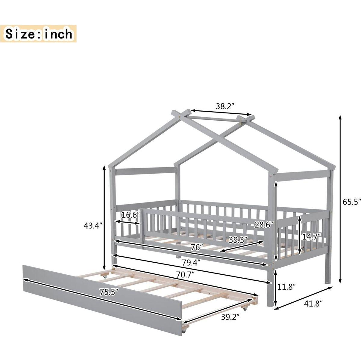 Twin Size Wooden House Bed with Twin Size Trundle, Gray