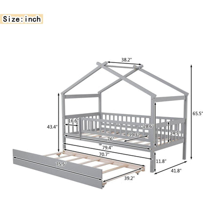 Twin Size Wooden House Bed with Twin Size Trundle, Gray