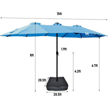 15x9ft Large Double-Sided Rectangular Outdoor Twin Patio Market Umbrella with light and base- blue