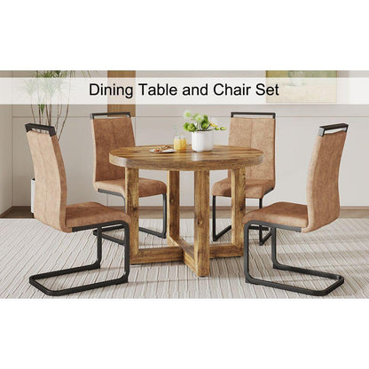 A modern and practical circular dining table. Made of MDF tabletop and wooden MDF table legs. 4-piece technology cloth high backrest cushion side chair, C-shaped tube black metal legs.