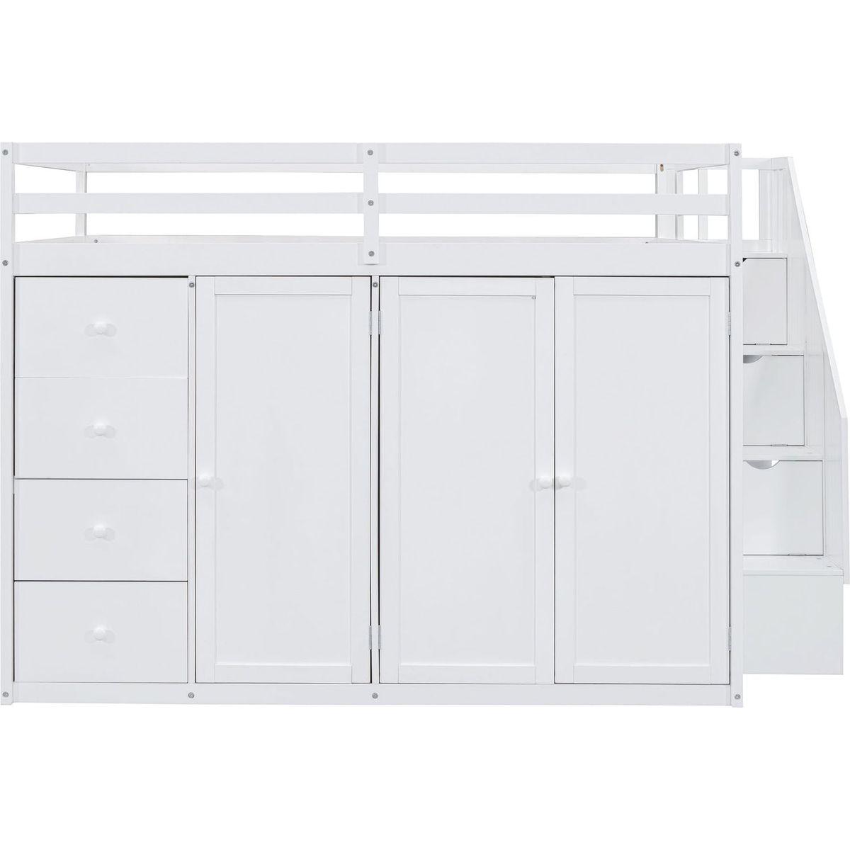 Full Size Wood Loft Bed With Built-in Wardrobes, Cabinets and Drawers, White