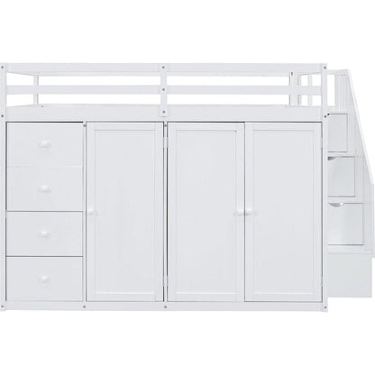 Full Size Wood Loft Bed With Built-in Wardrobes, Cabinets and Drawers, White
