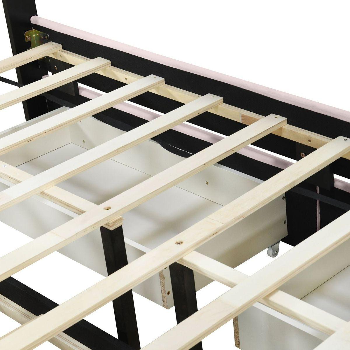 Queen Size Upholstered Platform Bed with 2 Drawers and 1 Trundle, Classic Metal Strip Headboard Design, Pink