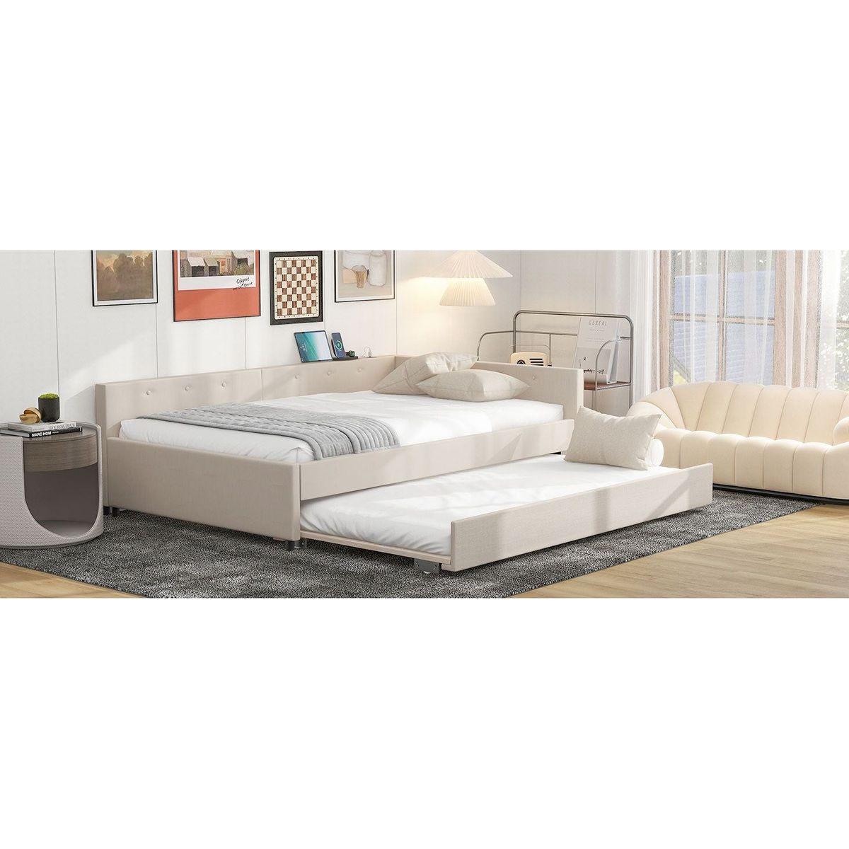 Full Size Upholstered Platform Bed with USB and Twin Size Trundle, Beige