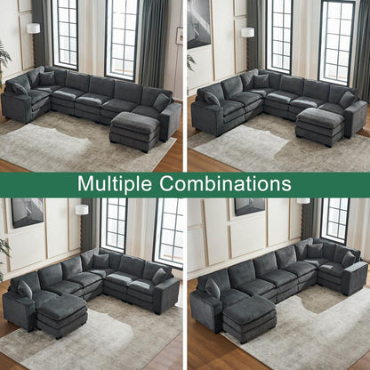 Modern U Shaped 6-seat Sectional Sofa Couch with one Ottoman and three toss pillows, Modular Sofa for Living Room,Corduroy sofa