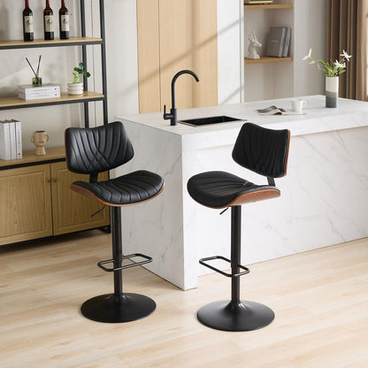 Walnut Bentwood Bar Stools Mid Century Modern Adjustable Counter Height Black Leather Upholstered 360Swivel Bar Chairs for Kitchen Island/Dining Room/Cafe, 1 chair/1carton,Black