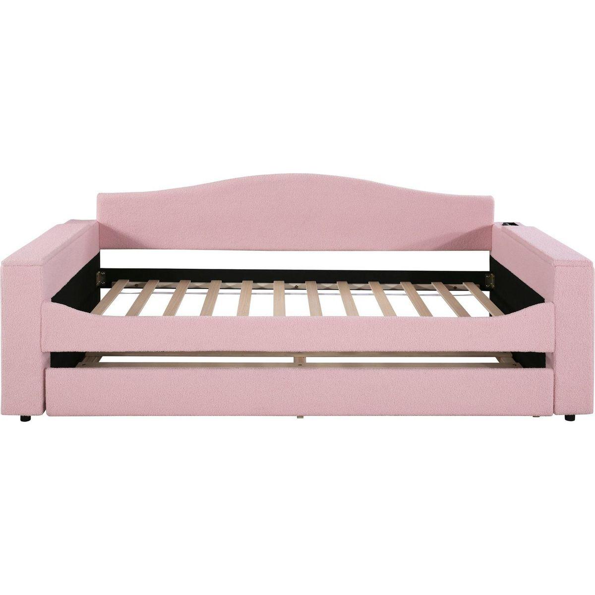 Twin Size Upholstered Daybed with Storage Armrests, Trundle and Latest Integrated Bluetooth Audio System, Teddy Fleece, Pink