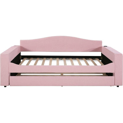 Twin Size Upholstered Daybed with Storage Armrests, Trundle and Latest Integrated Bluetooth Audio System, Teddy Fleece, Pink