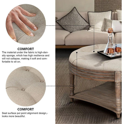 Large Round Ottoman Coffee Table 2 Tier Oversized Button Tufted Ottoman with Wooden Shelf Storage Farmhouse Upholstered Coffee Table Living Room Footstool Ottoman Linen