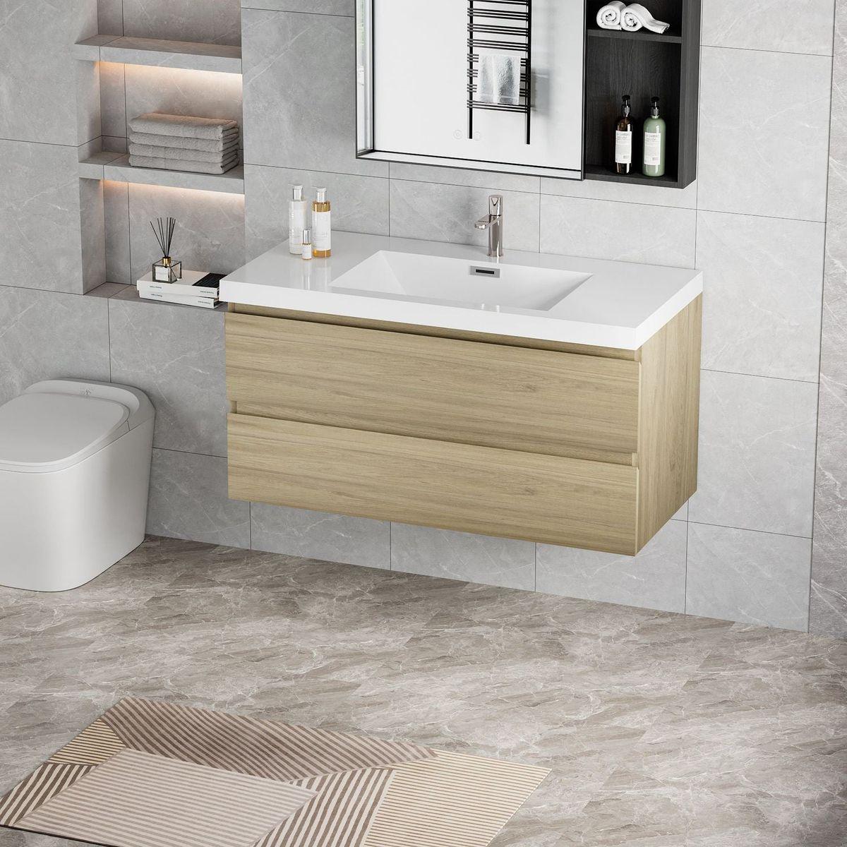 42" Floating Bathroom Vanity with Sink, Modern Wall-Mounted Bathroom Storage Vanity Cabinet with Resin Top Basin and Soft Close Drawers, Natural Oak