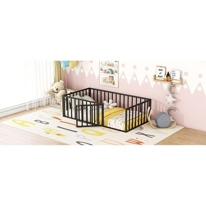Twin Size Metal Floor Bed Frame with Fence and Door, Black