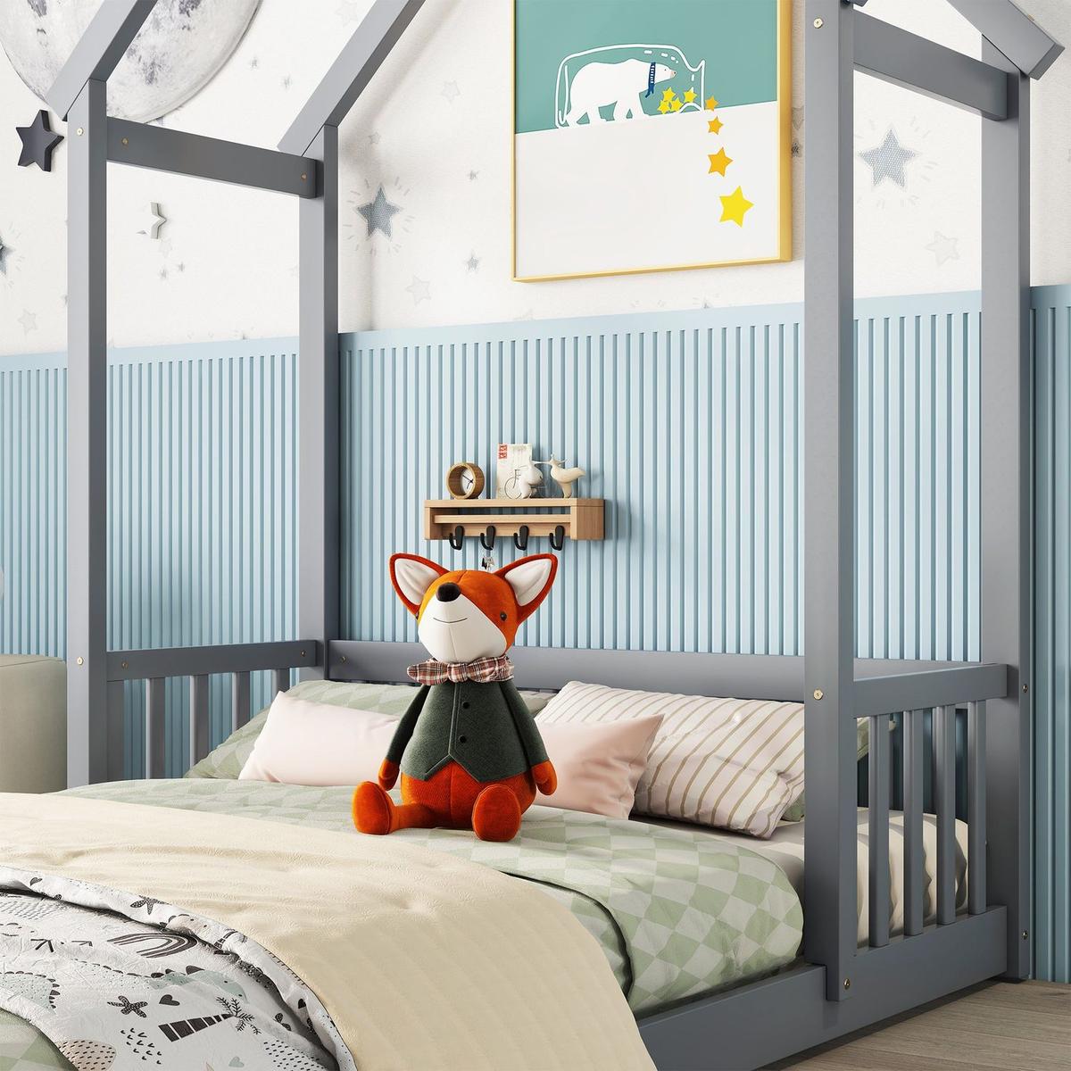 Full Roof-framed Headboard Floor Bed with Headboard Guardrails, without Slats, Grey